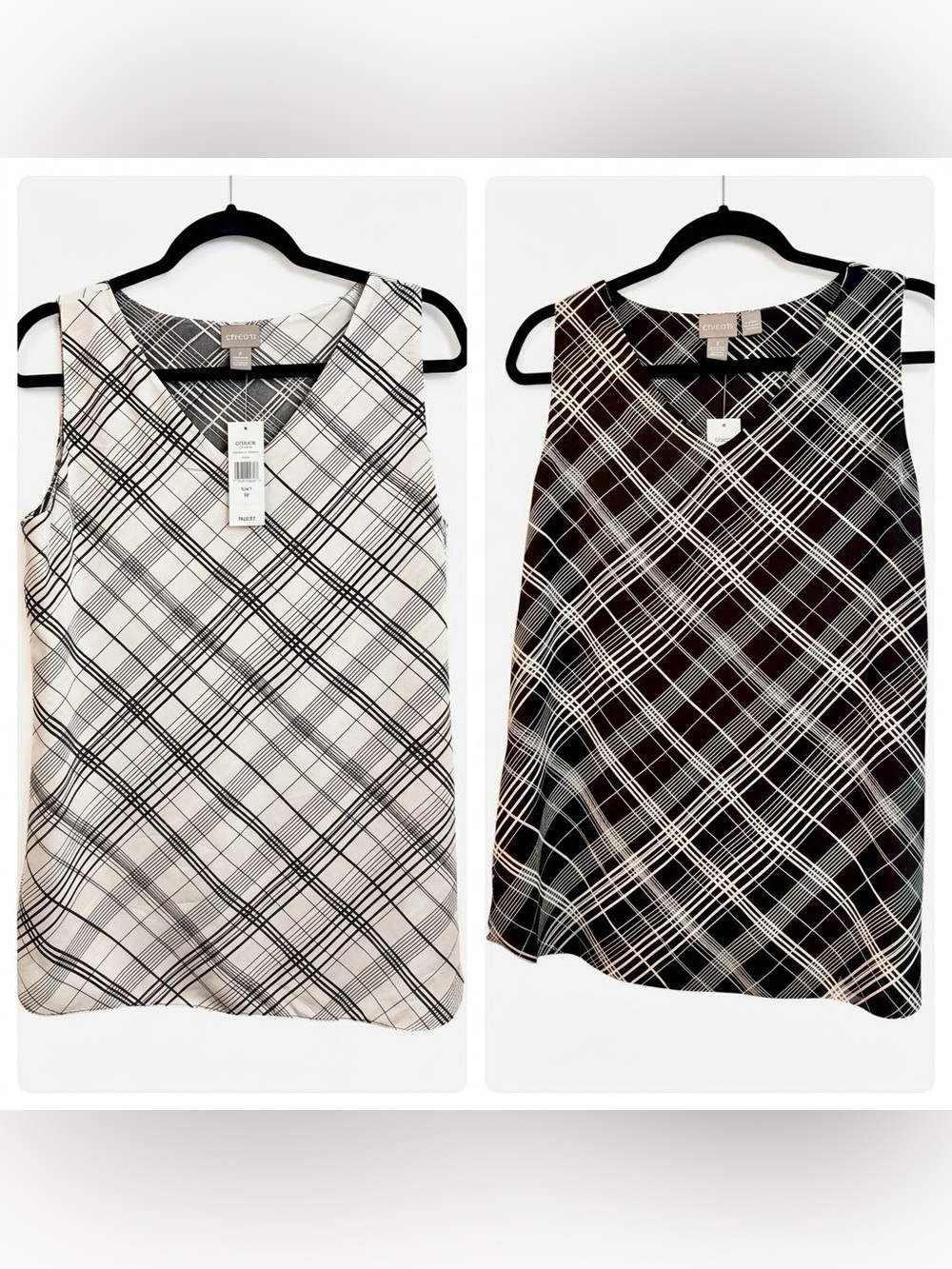 Chico's Reversible Plaid V-Neck Tank Top Black White Size 1 US 8/10 NWT